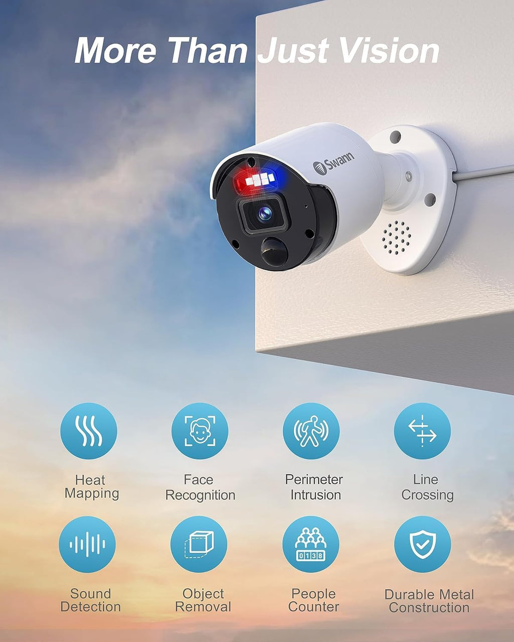 Swann Home Security Camera, POE Cat5e NVR 4K HD Video, Indoor Outdoor Wired Surveillance CCTV, Color Night Vision, Heat Motion Detection, Flashing LED Lights, Advanced Analytics in Each Cam, 900BE