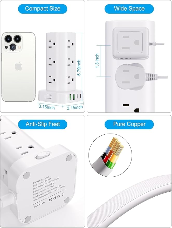 Power Strip Tower with Wireless Charger, Flat Plug Surge Protector Tower with