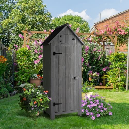 VINGLI Outdoor Wooden Storage Shed, Garden Shed Outside Tool Cabinet with Safety Latch, Patio Storage Organizer (Dark Grey)
