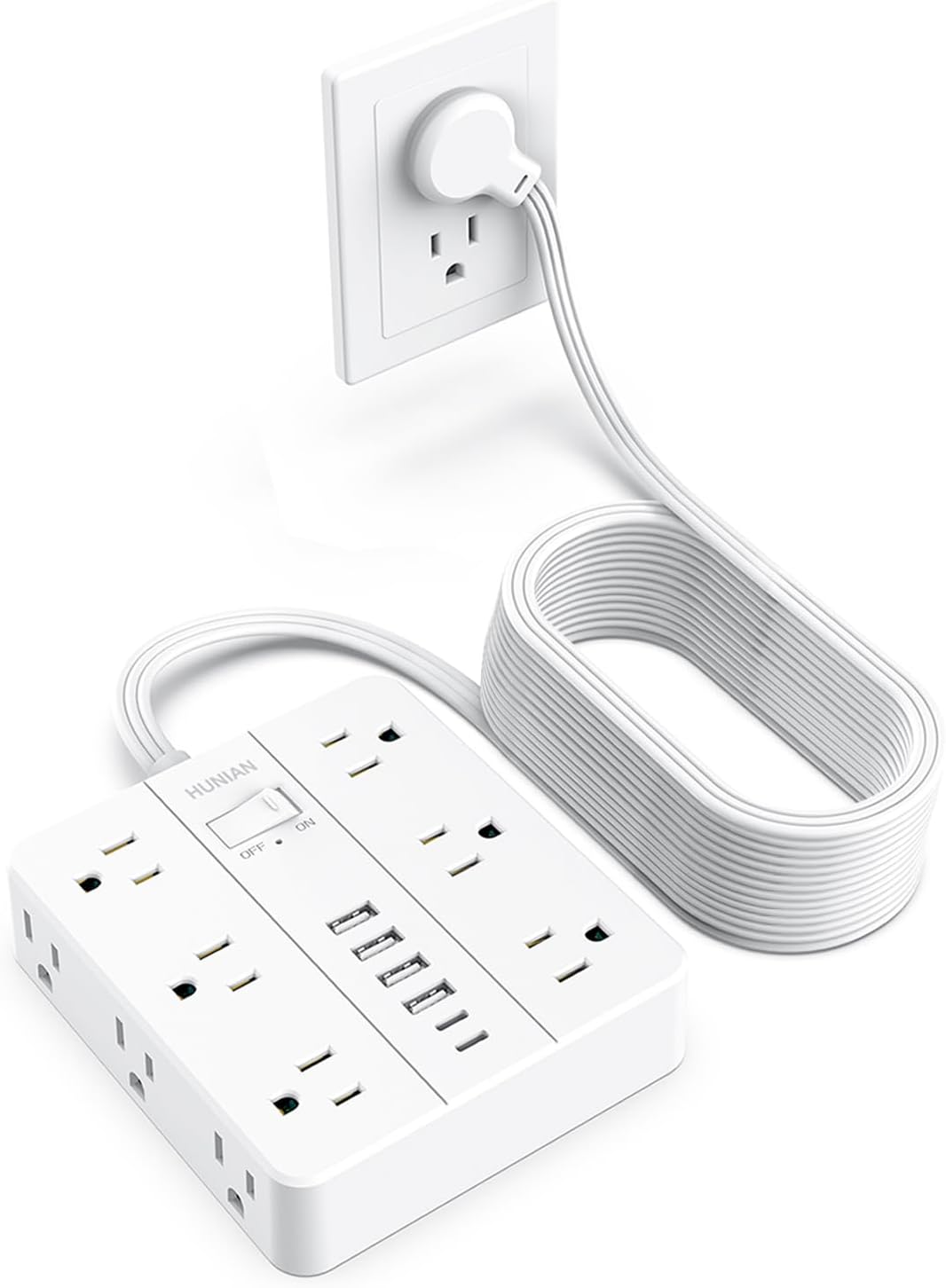 Extension Cord 25 Ft, HUNIAN Flat Plug Power Strip Surge Protector, 12 Widely