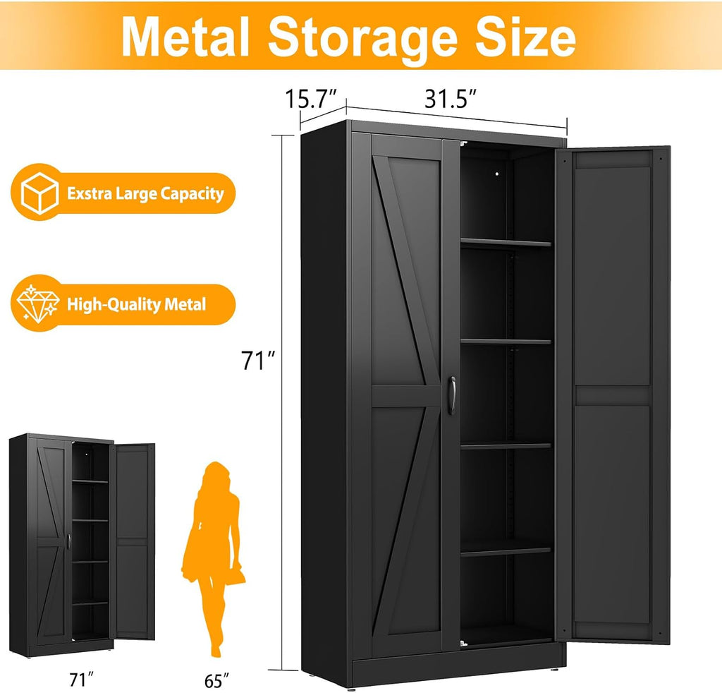 ckzbx black metal cabinets with doors and shelves shown in use