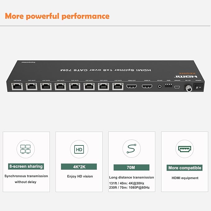 KEQINX 4K 1x8 HDMI Extender Splitter 70m/230ft HDMI Over Ethernet Splitter POC