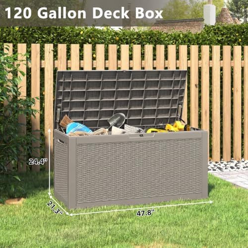 120 Gal Outdoor Storage Box Waterproof Lockable,Deck Box,Gas Lift,Grey