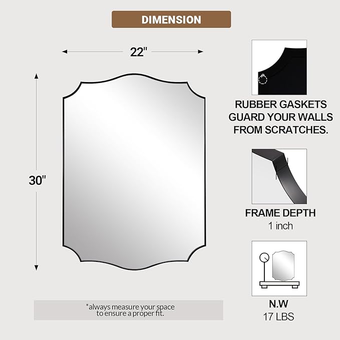 ANDY STAR Black Bathroom Vanity Mirror, 22x30 Irregular Wall Mirror, Scalloped