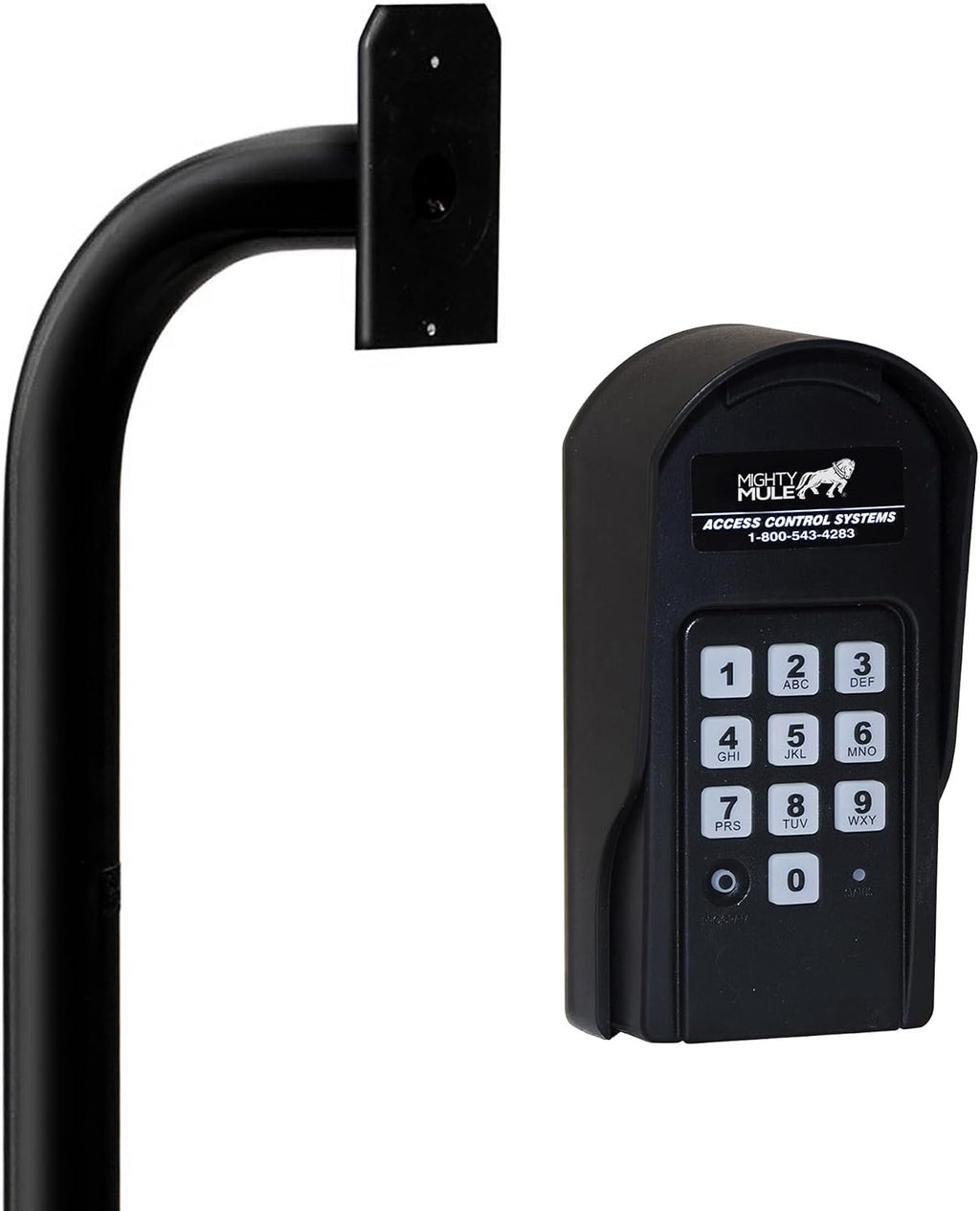 mighty mule keypad and goose neck mounting post shown in use