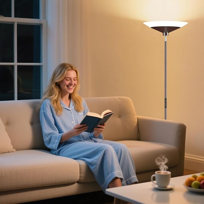 SIBRILLE Brown Torchiere Floor Lamp - 30W Dimmable LED Standing Lamp