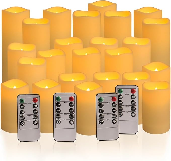 Set of 24 Waterproof Outdoor Flameless Candles, LED Candles with 4 Remote and Timer,(H 4" 5" 6" x D 2.2"),for Halloween Wedding Festiv
