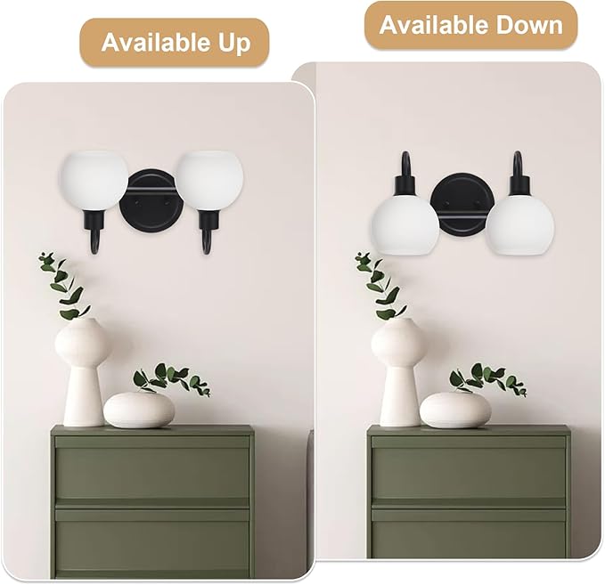 WINSHEN 2-Light Black Bathroom Light Fixture, Milk White Globe Wall Sconce Lamp