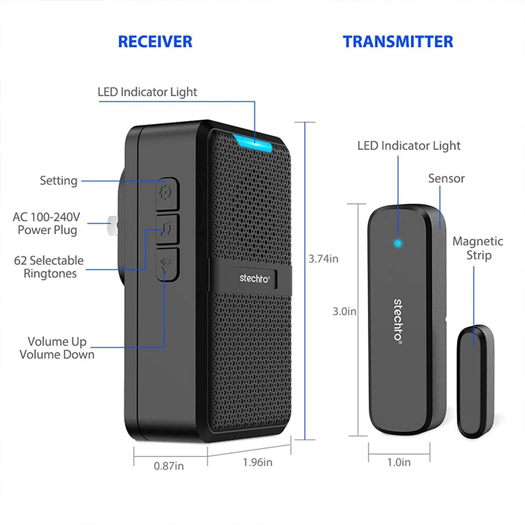 stechro door chime, wireless door open contact sensor on a desk or shelf
