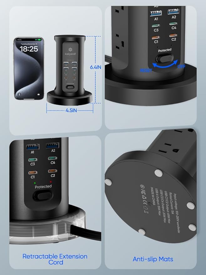 Kakyanill 115W USB Charging Station, Surge Protector Power Strip Tower