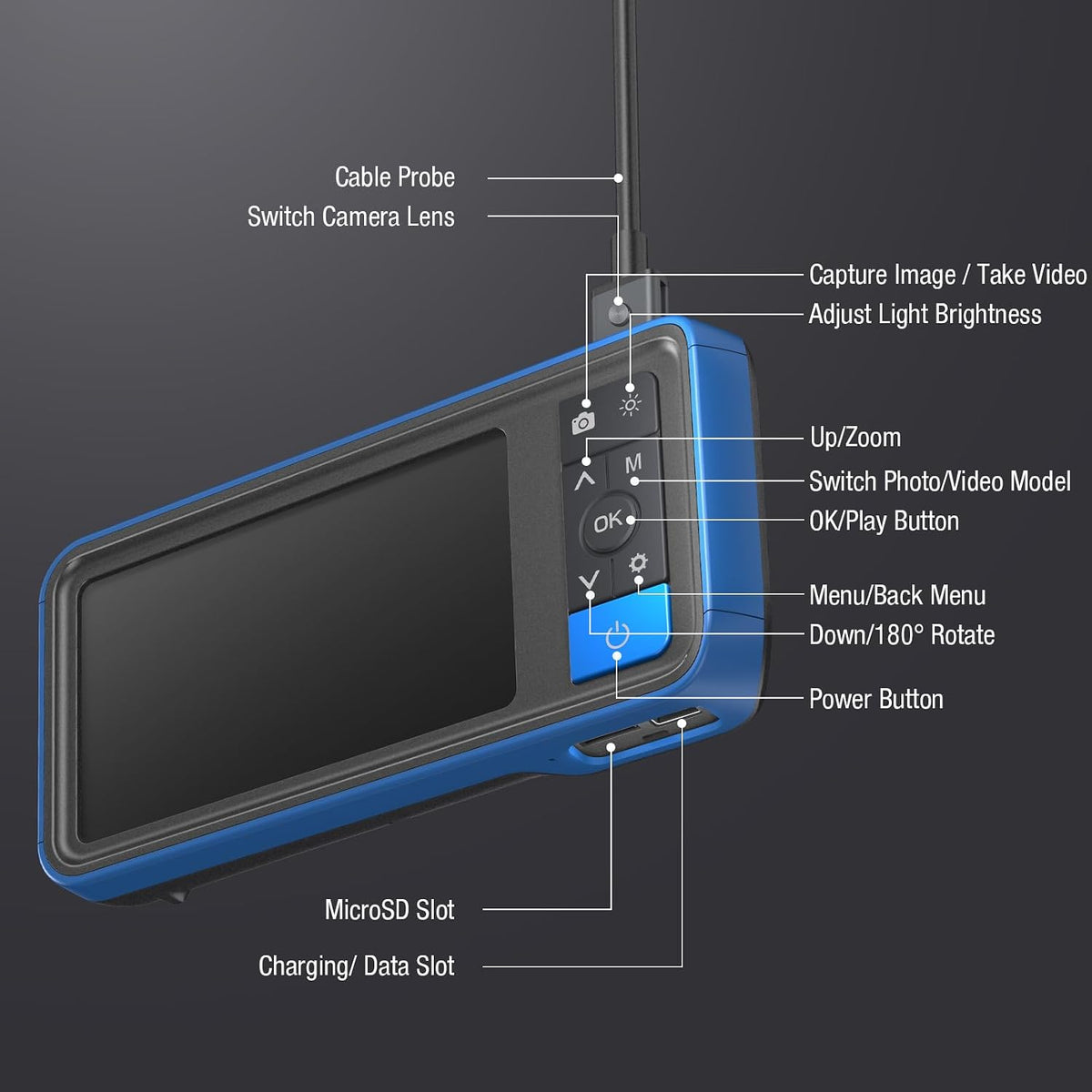 50ft dual lens endoscope with light, teslong ms450, front angle view