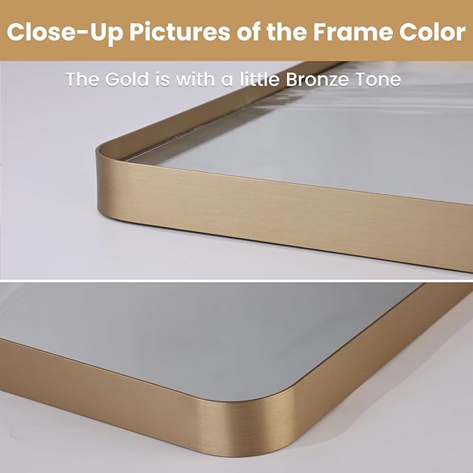 LOAAO 24”X32” Gold Bathroom Mirror, Rounded Rectangle Gold Frame Mirror