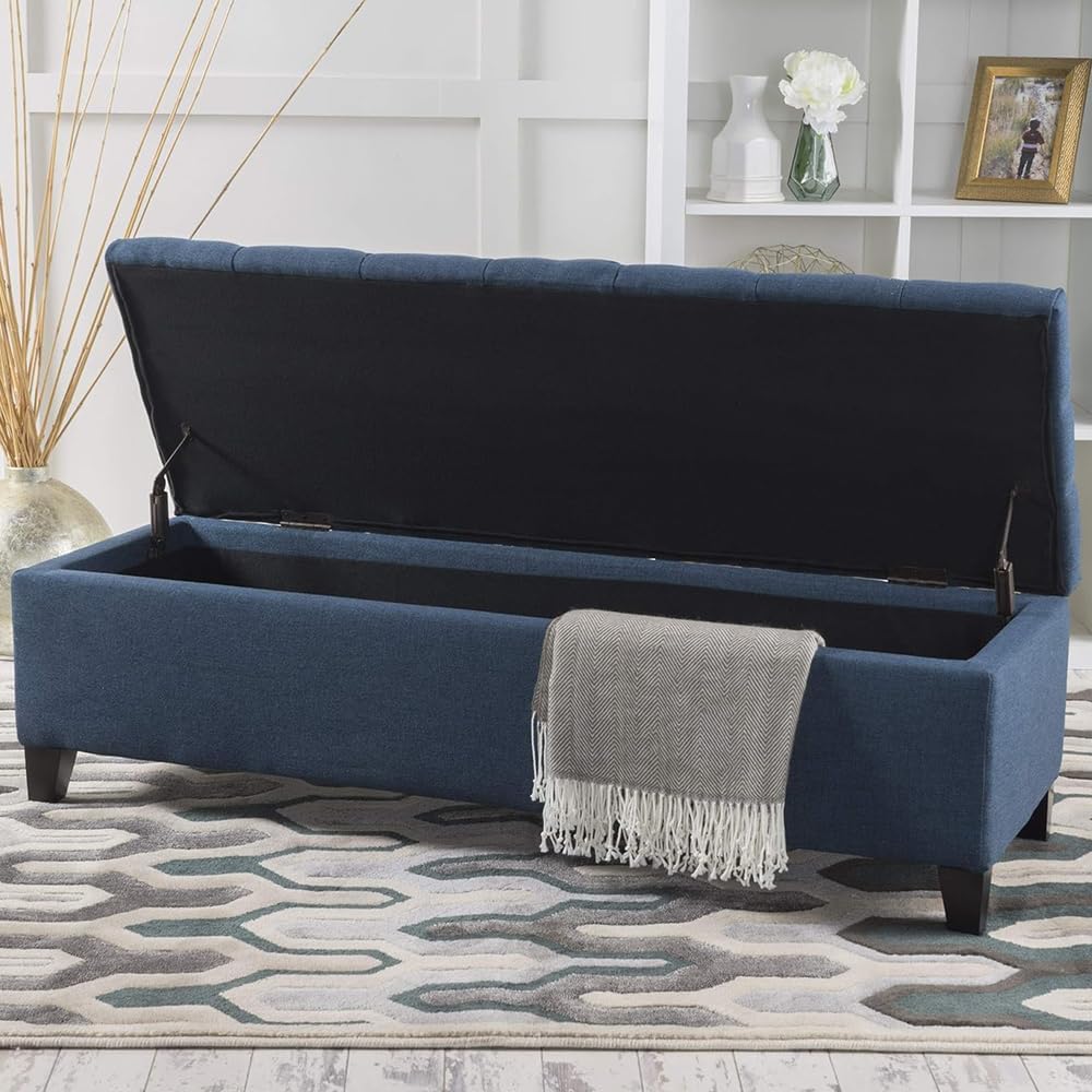 Fabric Storage Ottoman Bench, 51" Navy Blue Storage Bench End of Bed, Entryway Bedroom Benchs with Safety Hinges, Button Tufted Ottoman with Storage for Living Room, Entryway and Hallway