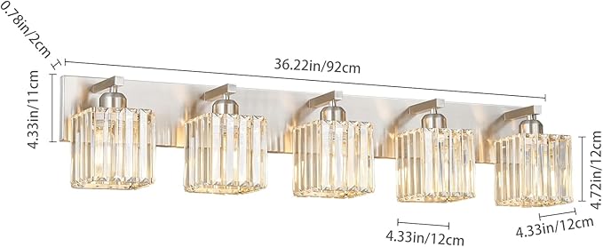 FDPBY Modern Vanity Light 5-Lights Brushed Nickel Vanity Light Crystal Bathroom