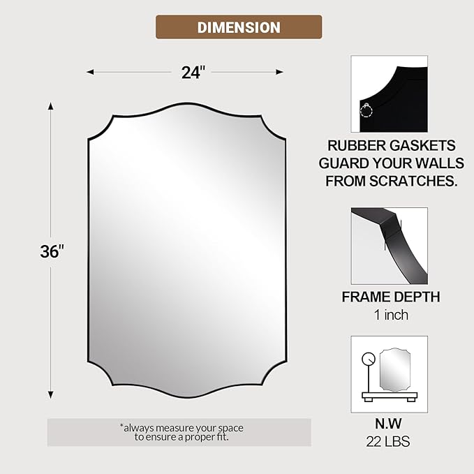 ANDY STAR Matte Black Mirror, 24x36 Inch Scalloped Bathroom Mirror, Unique Wavy