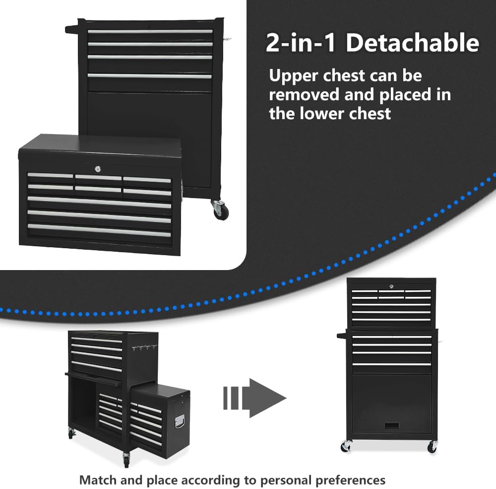 13-drawer tool chest with wheels,2 in 1 detachable, side view