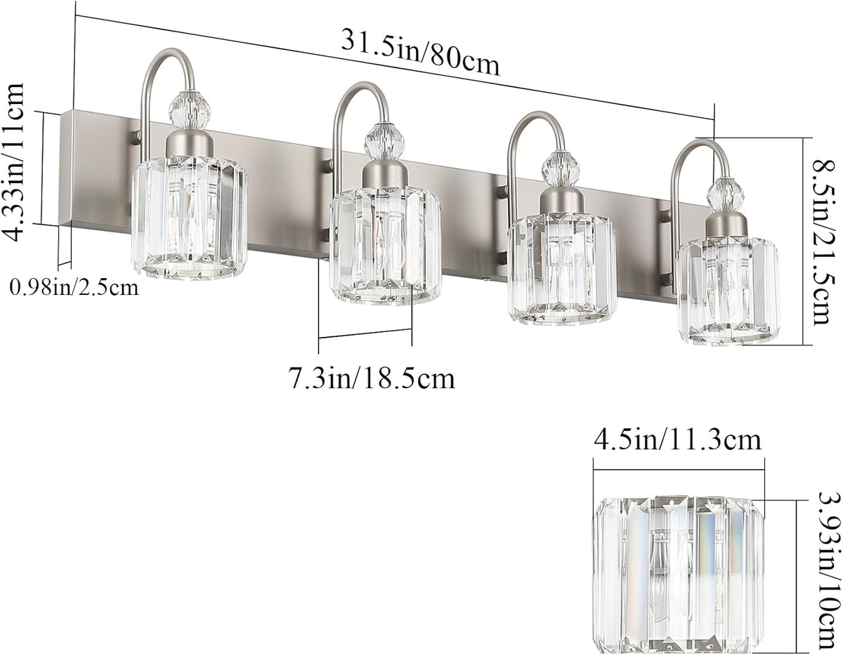 Ralbay 4-Light Crystal Vanity Light for Bathroom Brushed Nickel Modern Bathroom Light Fixtures