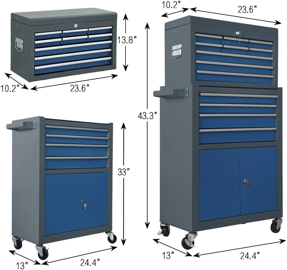 13-drawer tool chest with double door and wheels, close-up detail