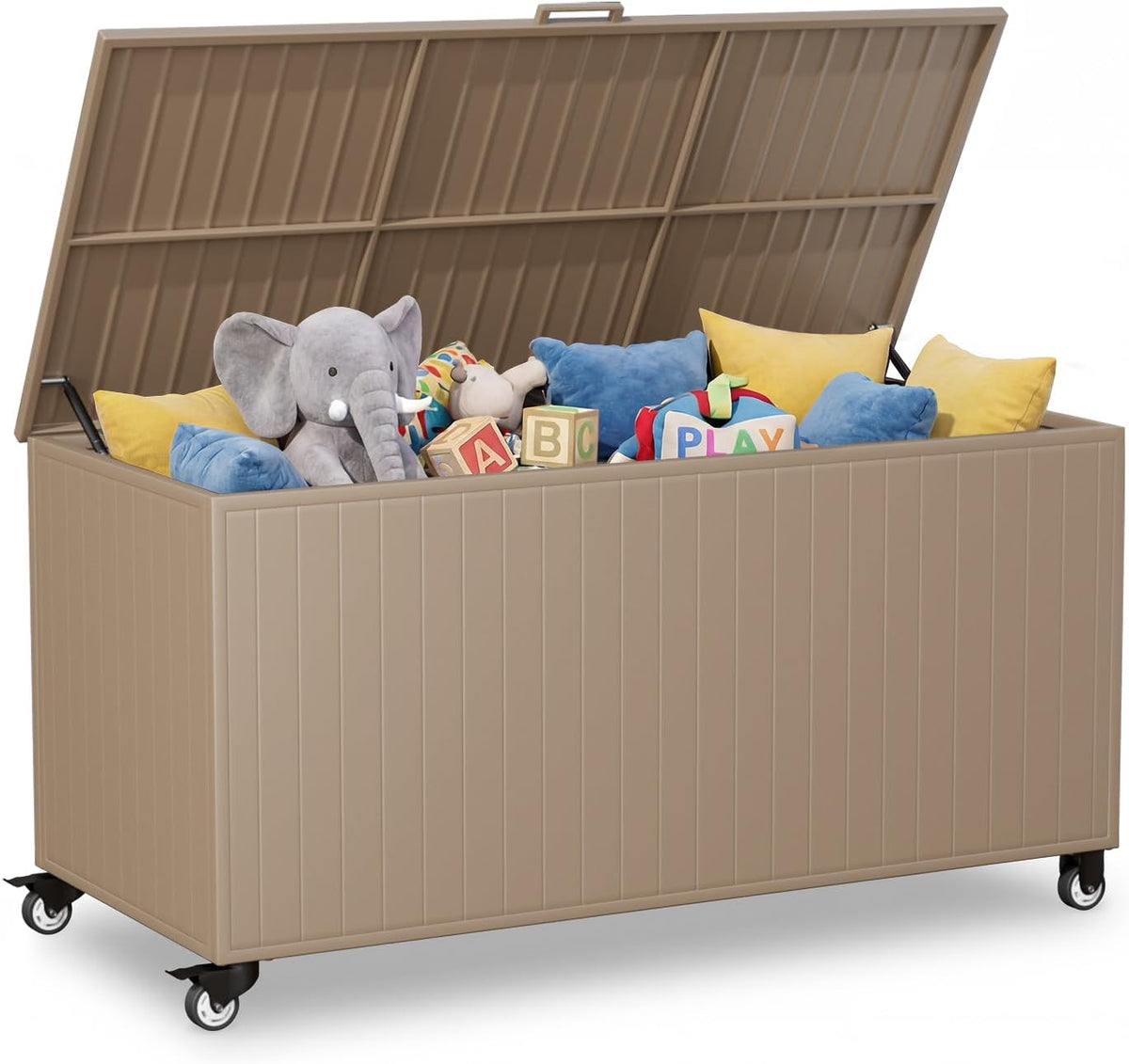 250 Gallon Metal Large Outdoor Deck Box with 4 Wheels, Brown