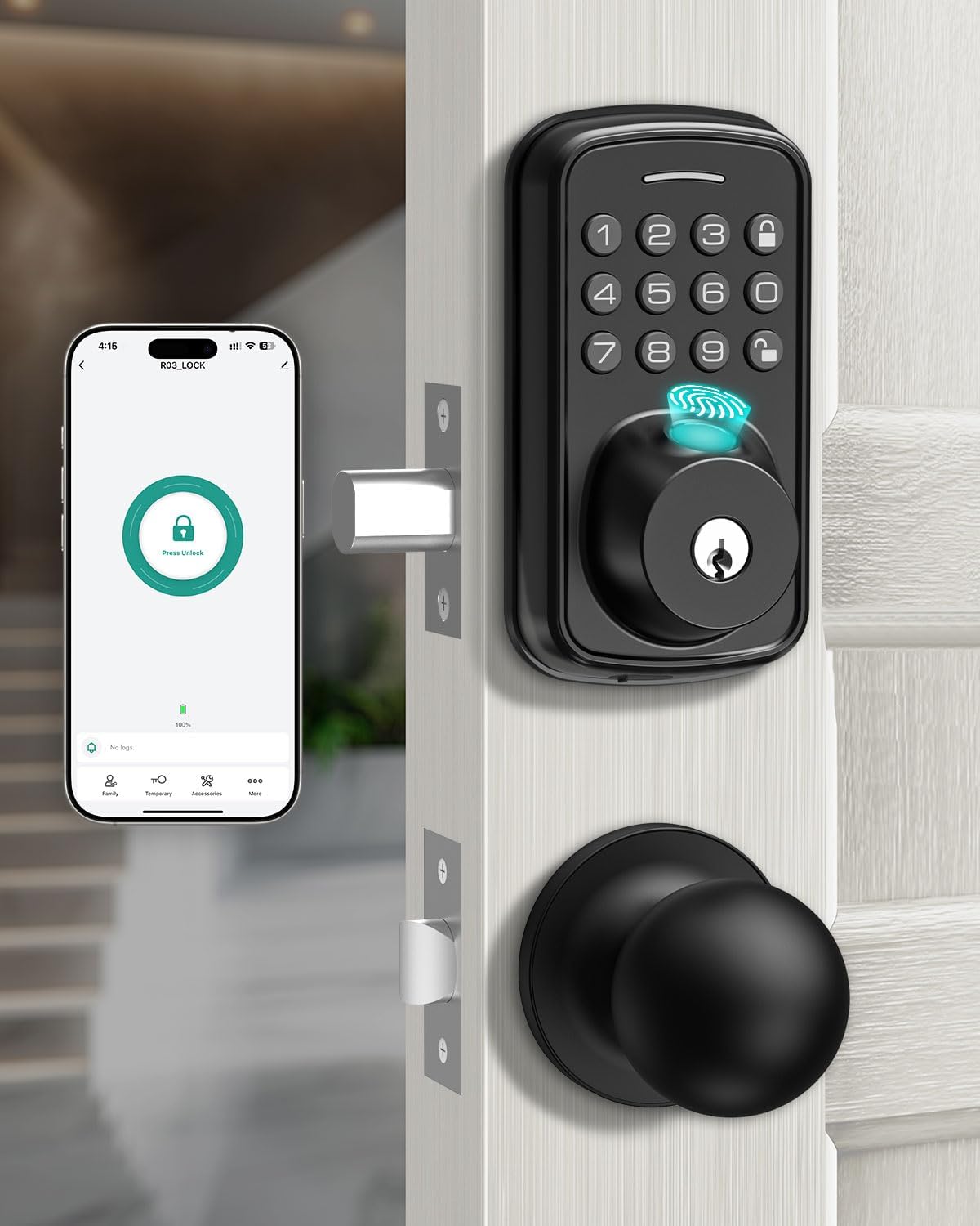Keyless Entry Door Lock with Handle Set, Smart Door Lock with Fingerprint, 5 in 1 Unlock, Auto Lock Biometric Fingerprint Door Lock for Front Door, Easy Installation (Black)