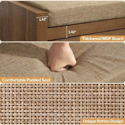 SICOTAS Rattan Shoe Bench Entryway Bench with Storage Drawer, Linen Cushion