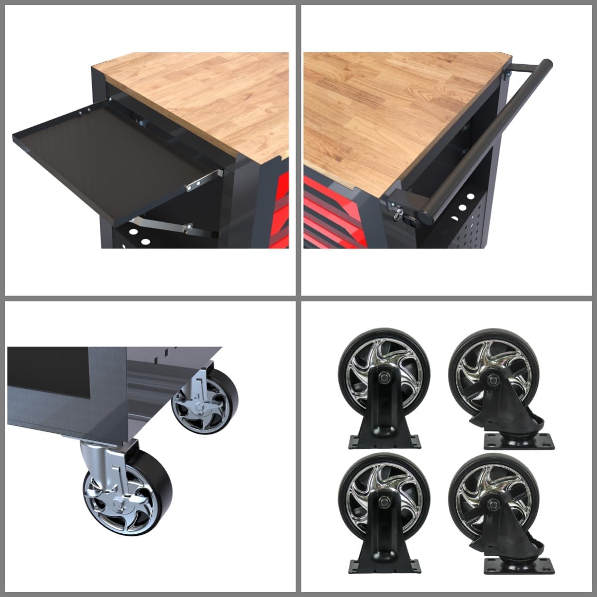 lockable 4-drawer rolling tool chest with wooden top showing dimensions