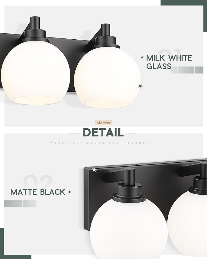 METWET Bathroom Light Fixtures, 4 Light Matte Black Vanity Light, 26 Inch