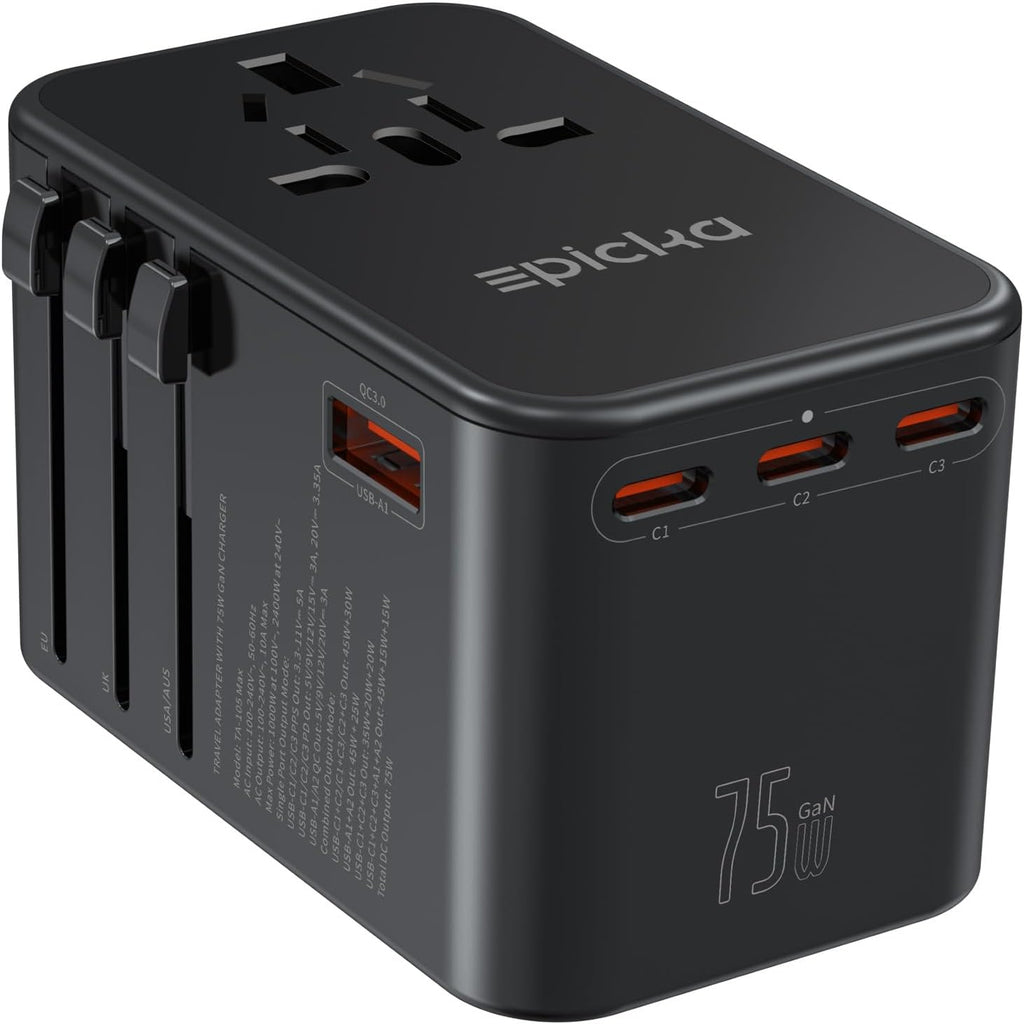 EPICKA 75W GaN PD Universal Travel Adapter, 3USB-C/2USB-A | International Power Adapter for EU/US/UK/AU, Fast Charging for Multi-Device Travel, TA-105 Max, Black
