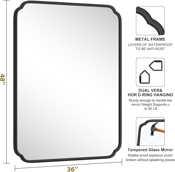 36 x 48 Inch Black Bathroom Vanity Mirror