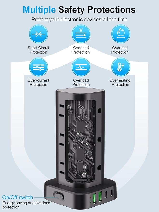 Power Strip Tower with Multiple Outlets, Flat Plug Surge Protector Tower