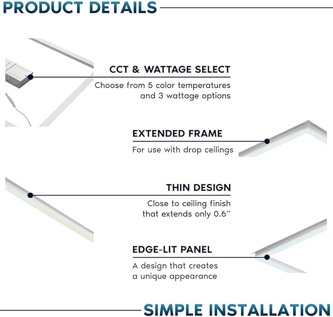 2x2 FT Edge-Lit Frame LED Panel Lights, 5CCT Selectable 3000K-6500K, (6 Pack)