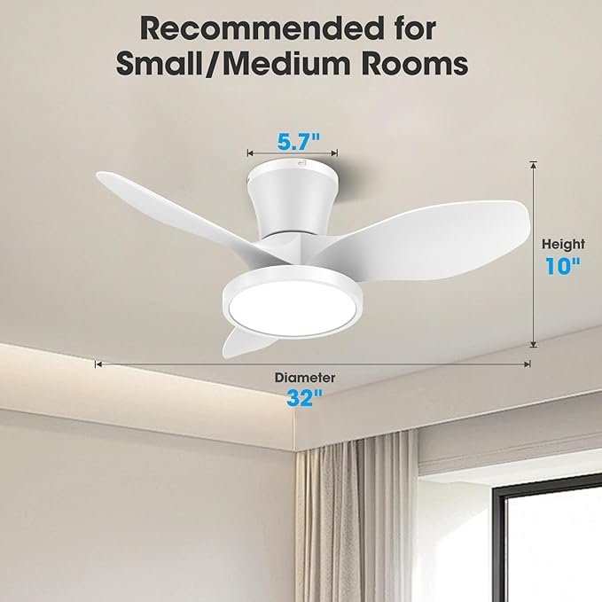 ocioc Quiet Ceiling Fan with LED Light DC motor 32 inch Large Air Volume Remote