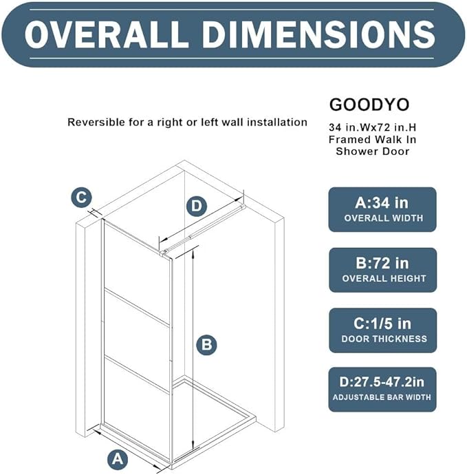 Goodyo Shower Door 34“ X 72” Fixed Frost Tempered Glass Shower Screen Panel (3 Pieces)