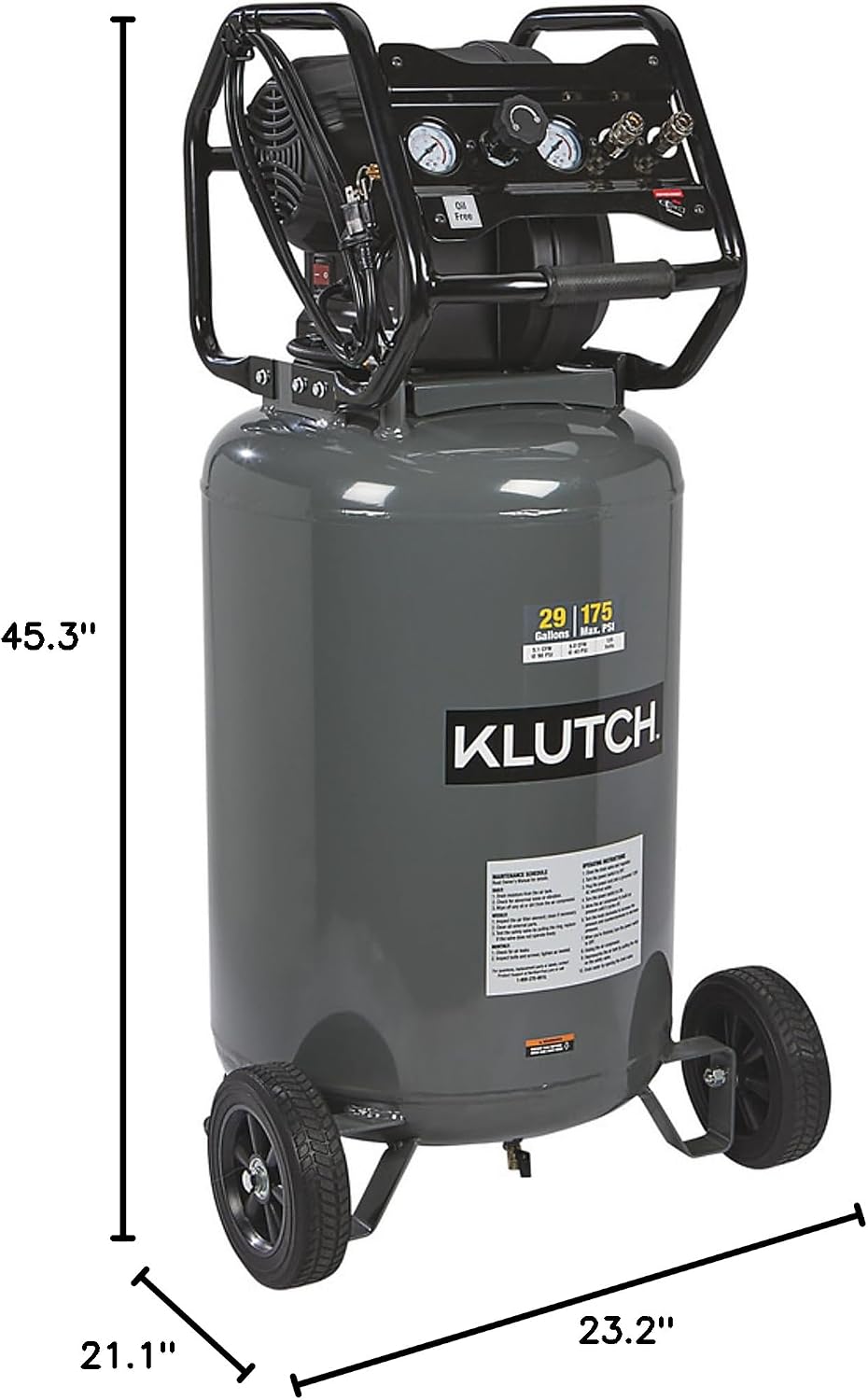 Klutch 29-Gallon Air Compressor, 2.5 HP, 120V, 175 PSI, 5.1 CFM at 90 PSI