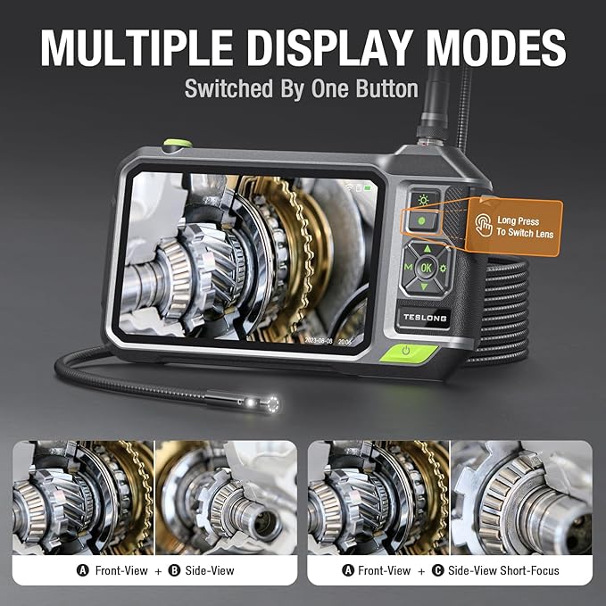Triple Lens Borescope with 7" IPS Screen, Teslong 1080P HD Industrial Endoscope