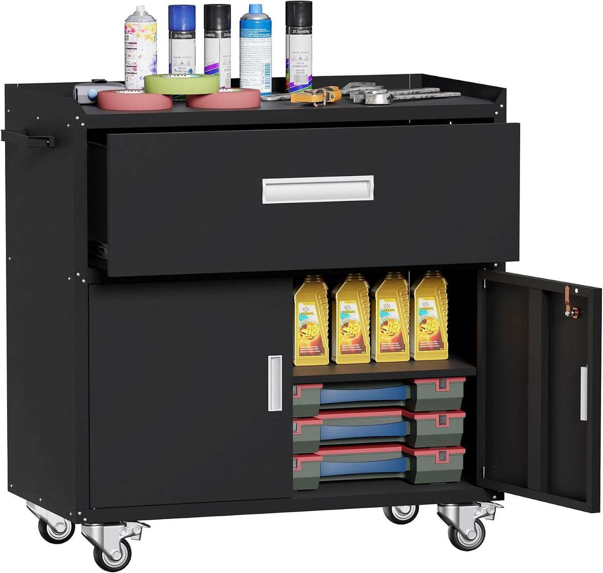 Washsemba Metal Garage Storage Cabinet with Wheels,Lockable Rolling Tool Chest on Wheels,with a Drawer, Utility Cabinet for Home, Office, Garage and Workshop(Black-2)