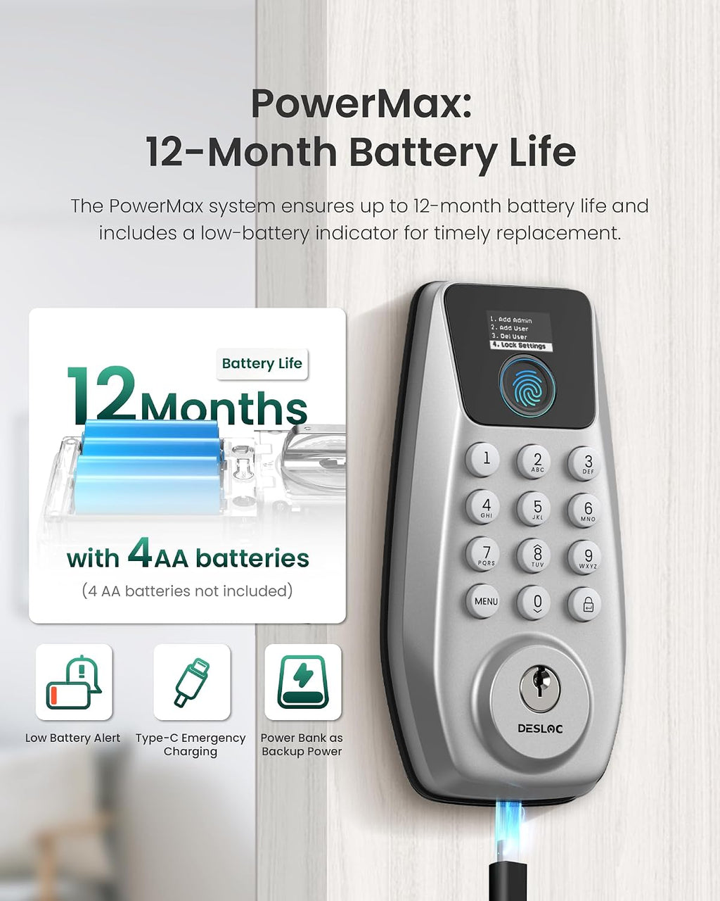 DESLOC C110 Fingerprint Keyless Entry Door Lock, Visual Display, Auto Lock