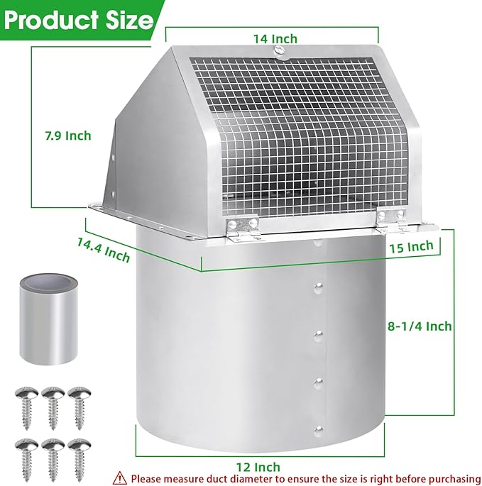 12 Inch Hooded Wall Vent with Screen and Damper, Outdoor Wall Exhaust Vent