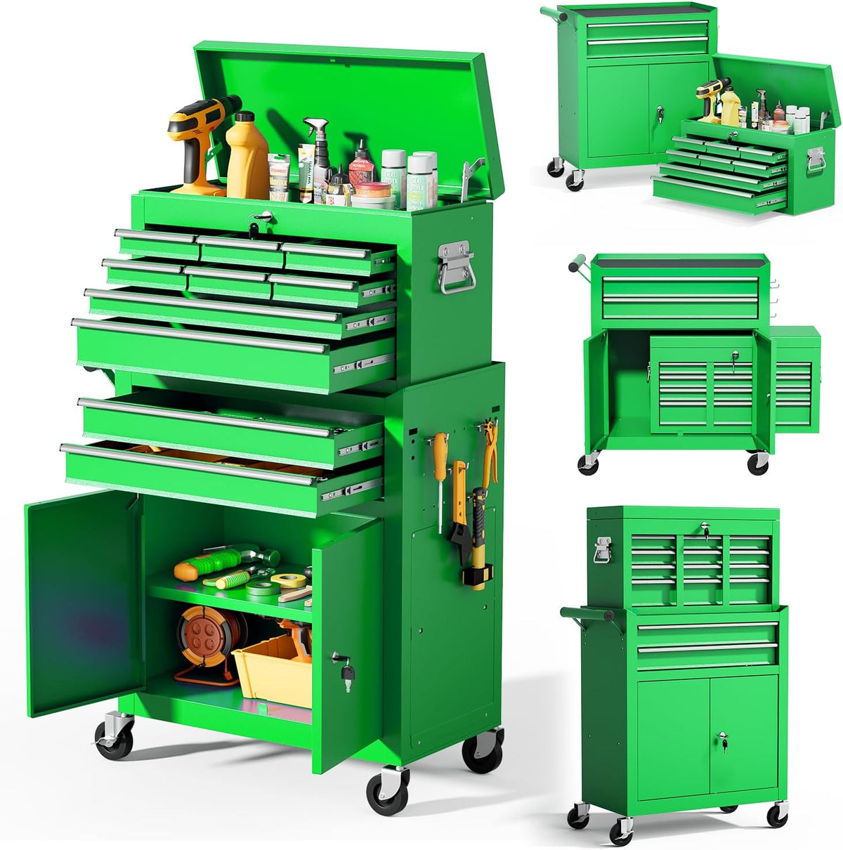 10-Drawer Rolling Tool Chest with wheels, Lockable 2-in-1 Tool Box