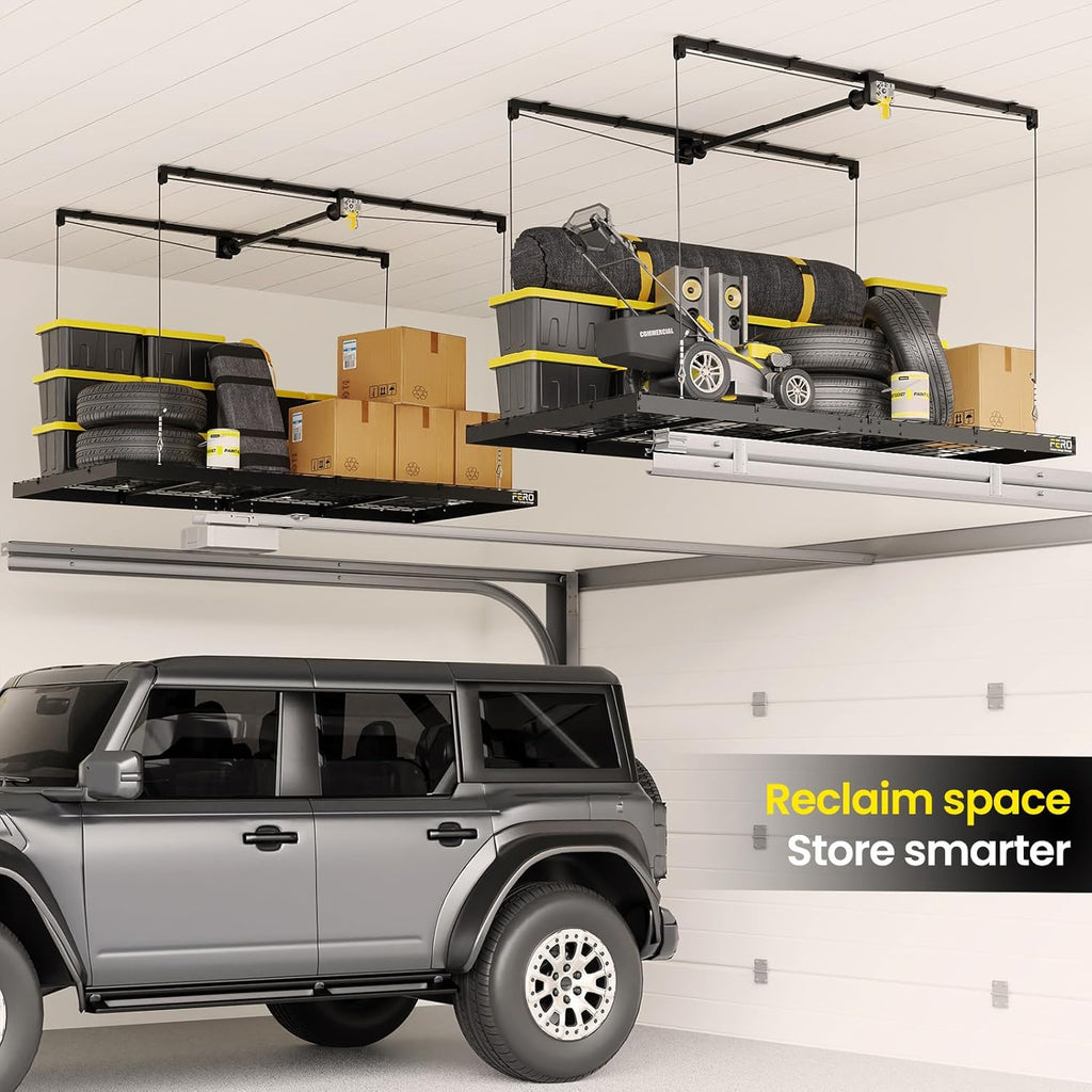 fero overhead garage storage rack 4x8, 500 lb, close-up detail