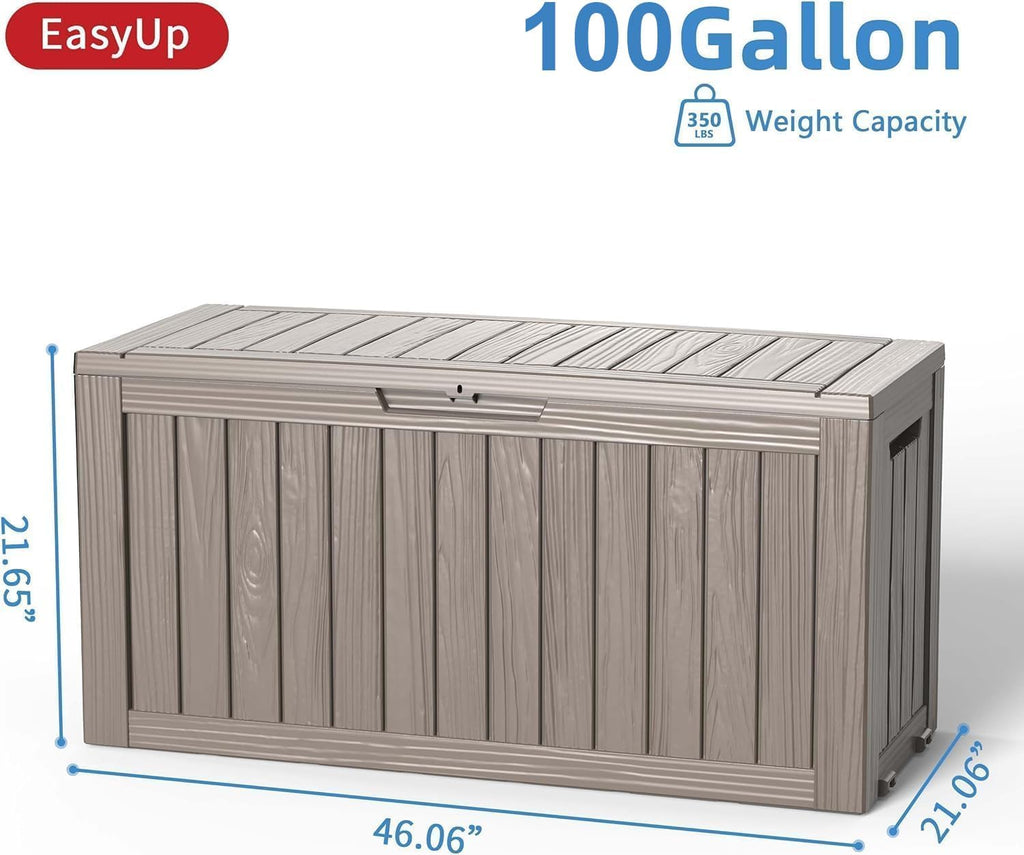 easyup outdoor storage box 100 gallon waterproof resin shown in use