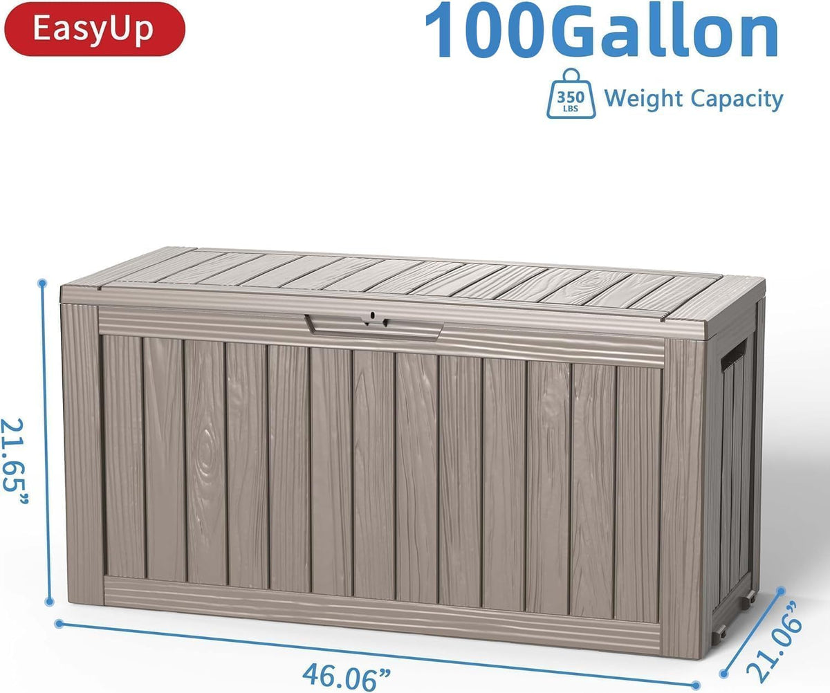 easyup outdoor storage box 100 gallon waterproof resin shown in use