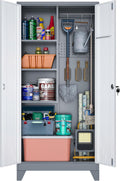 OSEILLC Metal Storage Cabinet with Locking Doors, 61" Tall Garage Cabinet with Hanging Rod, Broom Closet/Freestanding Bathroom Storage Cabinet, Cleaning Tool Storage