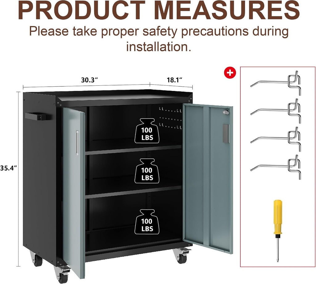 lcaopc metal storage cabinet with wheels - lockable, side view