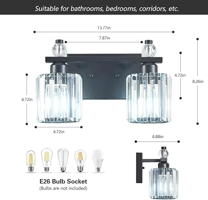 FDPBY Bathroom Vanity Lights 2-Light Sand Black Modern Crystal Vanity Light