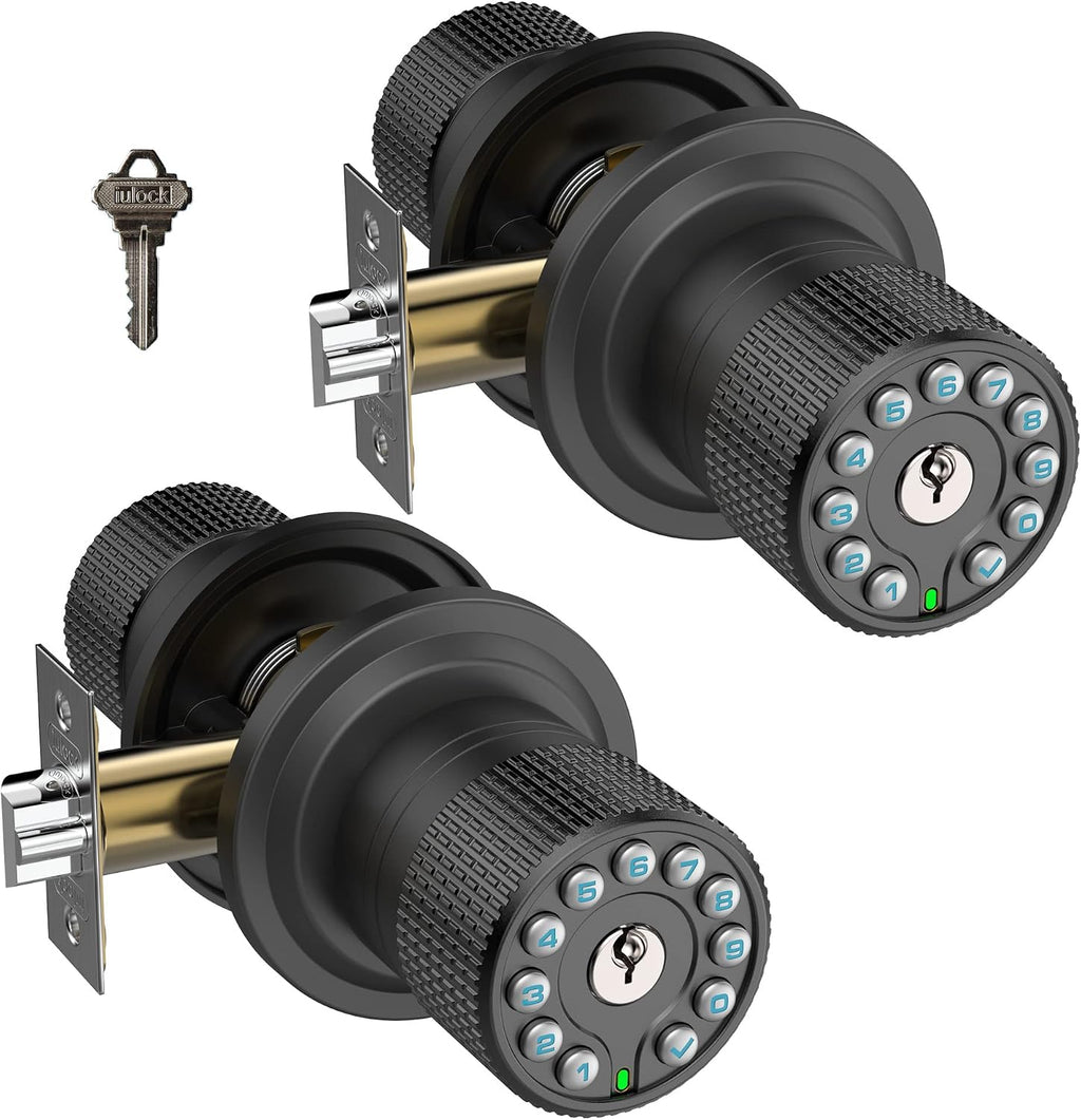 iulock Smart Door Knob with Keypad and Key, Keyless Entry Door Lock with Rubber (2 Pack)