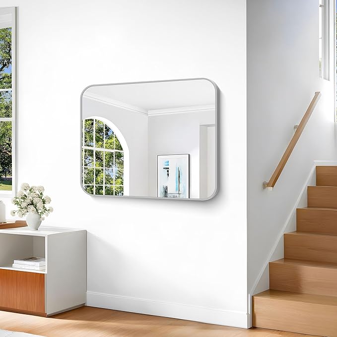 Silver Bathroom Mirror, 30 x 36 Inch Metal Framed Silver Rectangle Mirror