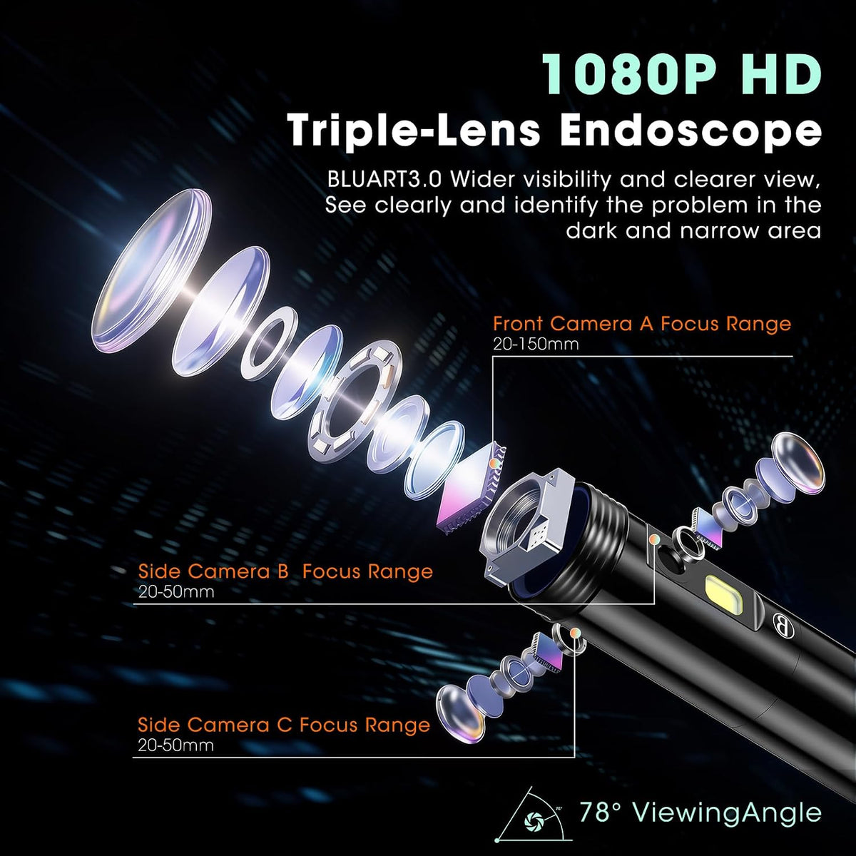 50ft triple lens endoscope camera,5" sewer drain pipe showing dimensions