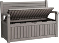 80 Gallon Lockable Deck Bench with Storage, Resin Stripes Outdoor Storage Box, Waterproof Outdoor Porch Bench for Patio Pool and Cushions Garden Tools, Grey