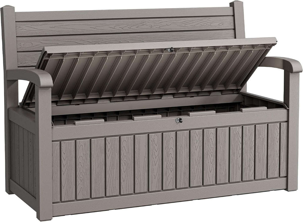 80 Gallon Lockable Deck Bench with Storage, Resin Stripes Outdoor Storage Box, Waterproof Outdoor Porch Bench for Patio Pool and Cushions Garden Tools, Grey